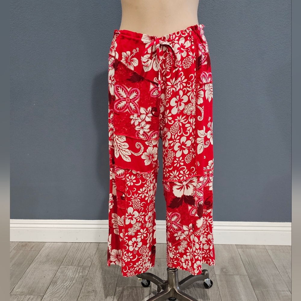 Vtg FAITH Celia Forrester Red Floral Patchwork Beaded Wide Leg Pants S/M